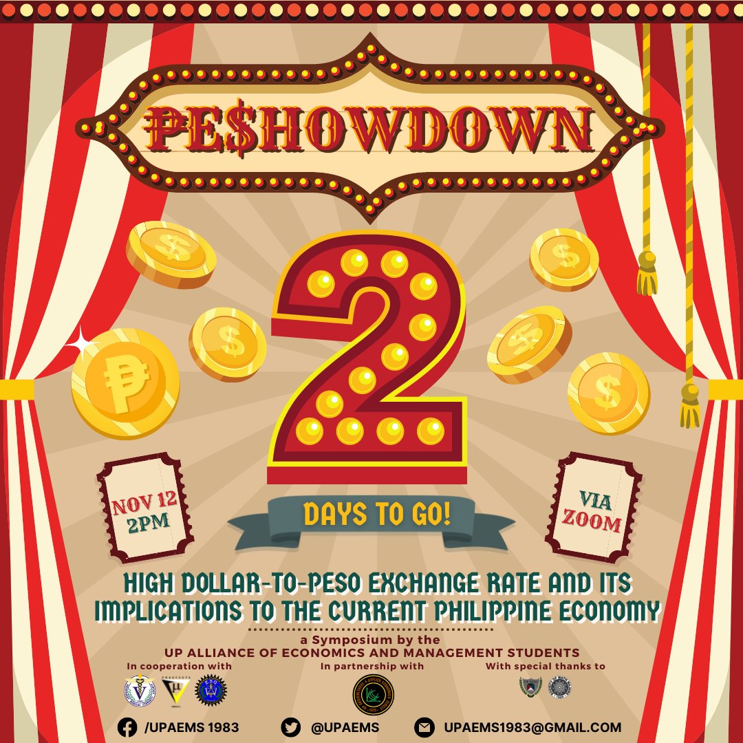 upaems1983's tweet photo. Isn’t it TWO good to be true? 🤩

In less than 48 hours, we will be witnessing the greatest ₱e$howdown 🪙💸 as we learn about the implications of the high peso-dollar exchange rate 👀

Join us as we go out and gra$₱! 📝👨‍🏫 https://t.co/e9MuVT9tpm