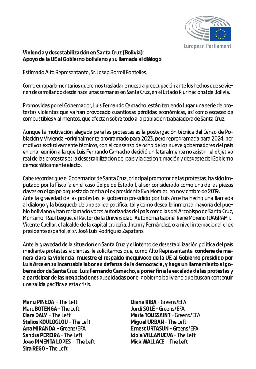 🇧🇴Nuevo intento de golpe de estado en #Bolivia 

Luis Fernando Camacho, gobernador fascista de Santa Cruz, está intentando nuevamente derrocar al legítimo gobierno de <a href="/LuchoXBolivia/">Luis Alberto Arce Catacora (Lucho Arce)</a> 

Pedimos a Borrell que la UE defienda la legalidad y condene la violencia golpista.