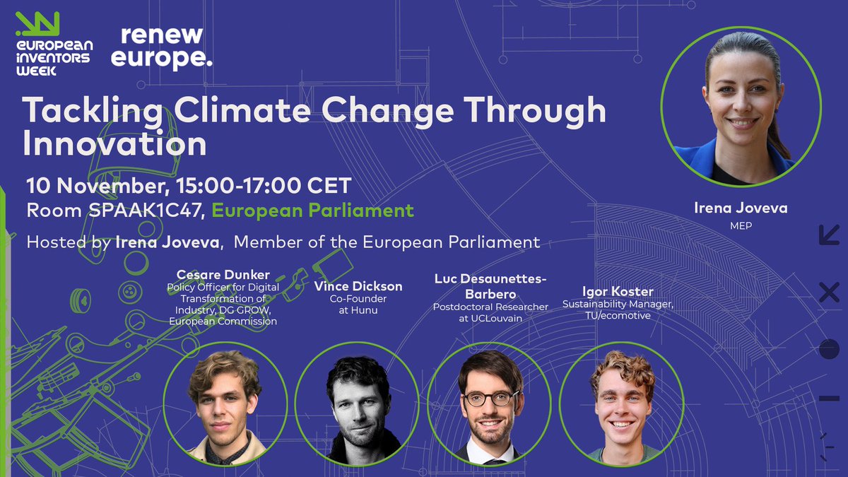 CesareDunker's tweet photo. Excited to join the panel on tackling climate change through innovation at the #EuropeanInventorsWeek 🌍💚 Great initiative by @ThinkYoungNGO ⚡️ #GreenDeal #DigitalEU https://t.co/7pXhjv14X9