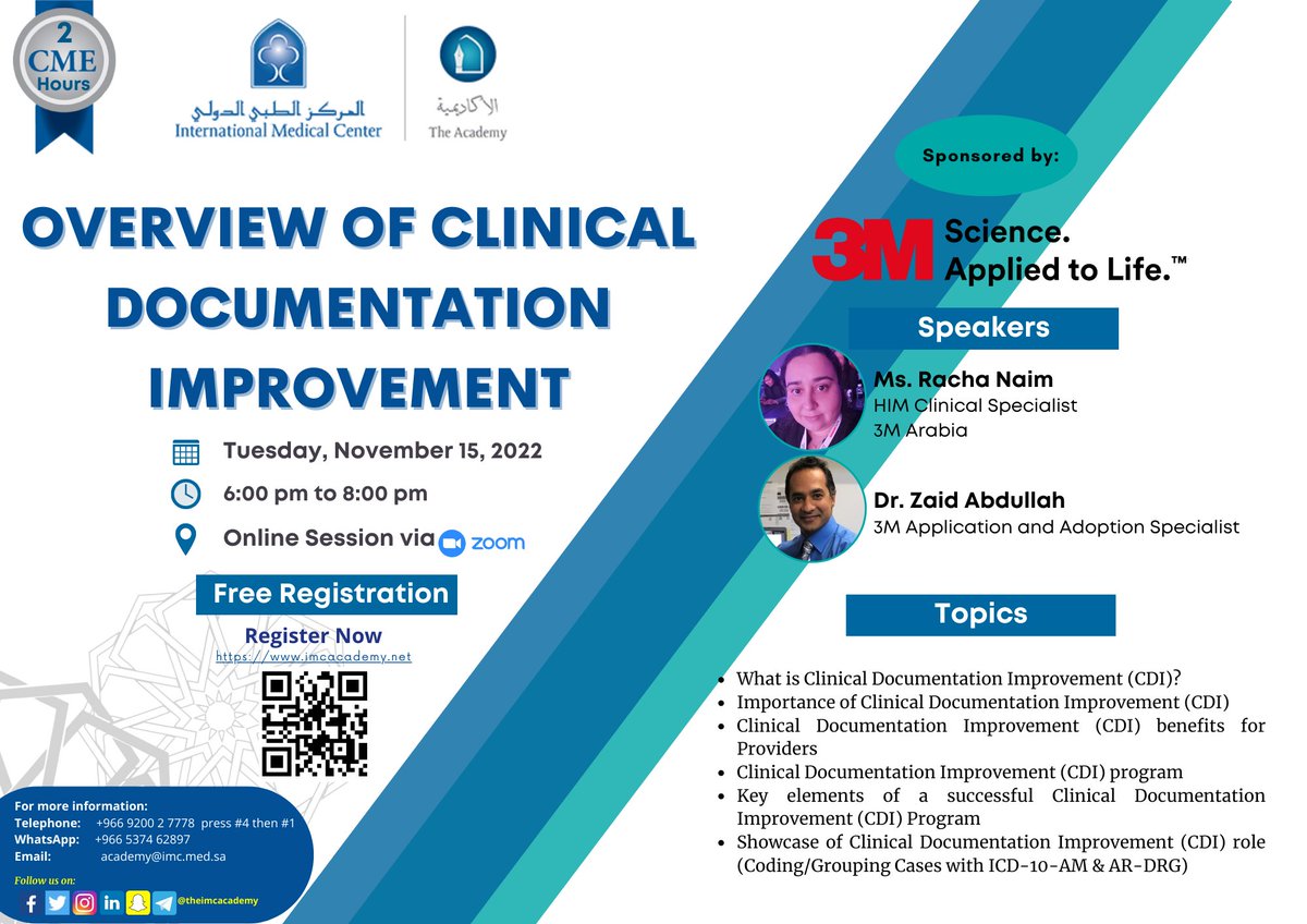 e_sehha's tweet photo. In collaboration with @theimcacademy, we are pleased to offer a new webinar, “Overview of clinical documentation improvement.” Webinar registration is free and will be held on Tuesday, Nov. 15, 2022 via Zoom.
Register at: https://t.co/gmU356V961
#Free_Registration #CDI #ICD https://t.co/Fb0EeehUav