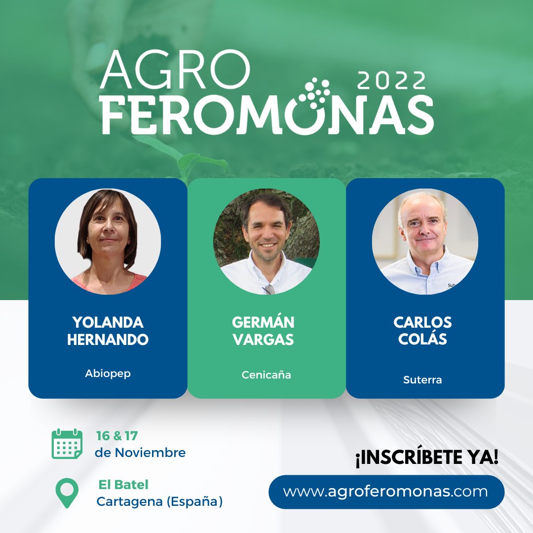 AgromarketingES's tweet photo. Seguimos presentando ponentes que nos acompañarán en #Agroferomonas2022

🗣️ Yolanda Hernando - @Abiopep 
🗣️ Germán Vargas - @cenicana Colombia
🗣️ Carlos Colás - @SuterraLLC 

➕ info e inscripciones en https://t.co/0DXWDBY2JO https://t.co/Twu144SIqy