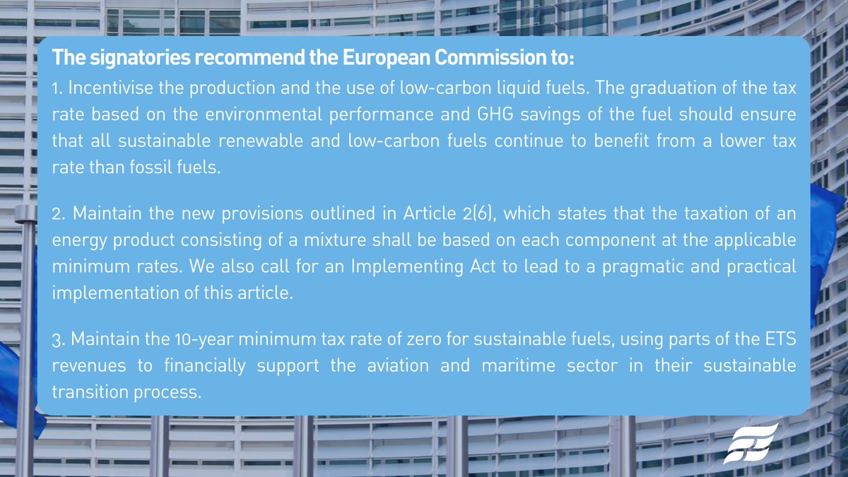 19 associations call on the <a href="/EU_Commission/">European Commission</a>, <a href="/Europarl_EN/">European Parliament</a> &amp; <a href="/EUCouncil/">EU Council</a>  to accelerate the production of #LowCarbonLiquidFuels by putting in place favourable tax incentives in the scope of the recast of the Energy Taxation Directive #ETD: bit.ly/3NR91ZO #CleanFuelsforAll