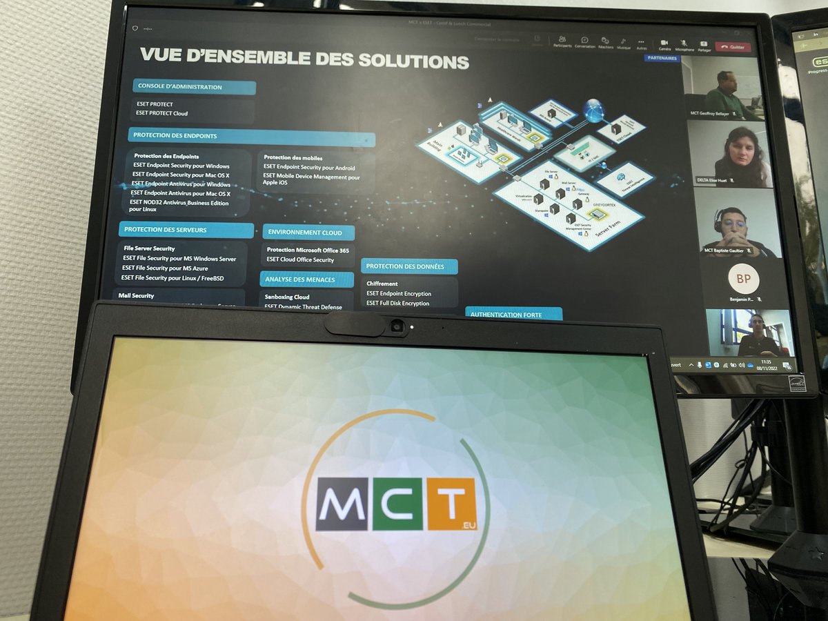 MCT_eu's tweet image. Mardi, les équipe du pôle solutions &amp;amp; sécurités du groupe NUMAINS ont eu une formation sur le passage des certifications ESET avec l&apos;accompagnement de Benjamin Pamart. Le but : améliorer notre accompagnement pour nos clients sur les enjeux de cybersécurité.  @ESET_France