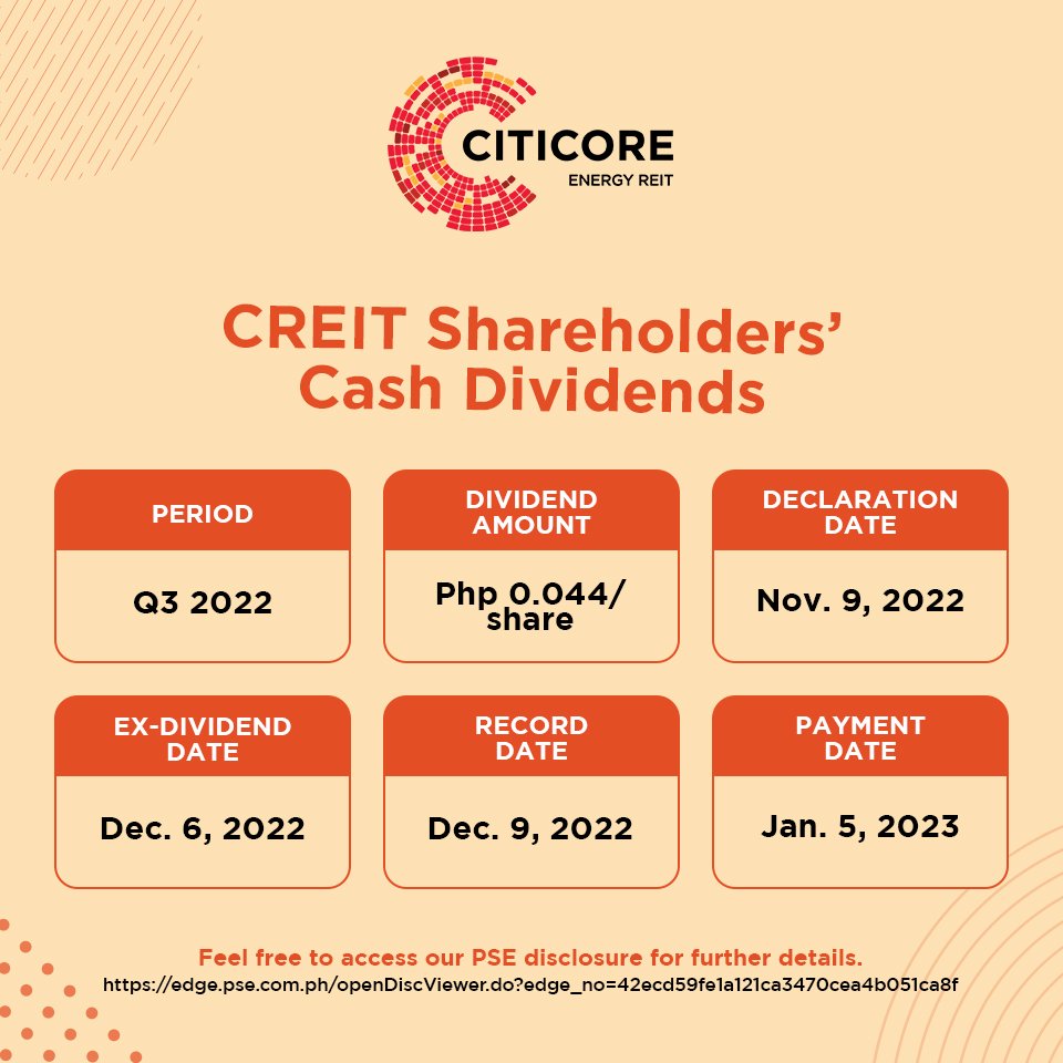 CiticoreREIT's tweet photo. $CREIT declared cash dividends of P0.044 per common share for the third quarter of 2022. The cash dividends will be payable on 05 January 2023 for stockholders on record as of 09 December 2022. #StableDividends #EmpowerYourInvestment https://t.co/59Ty3mG0nB
