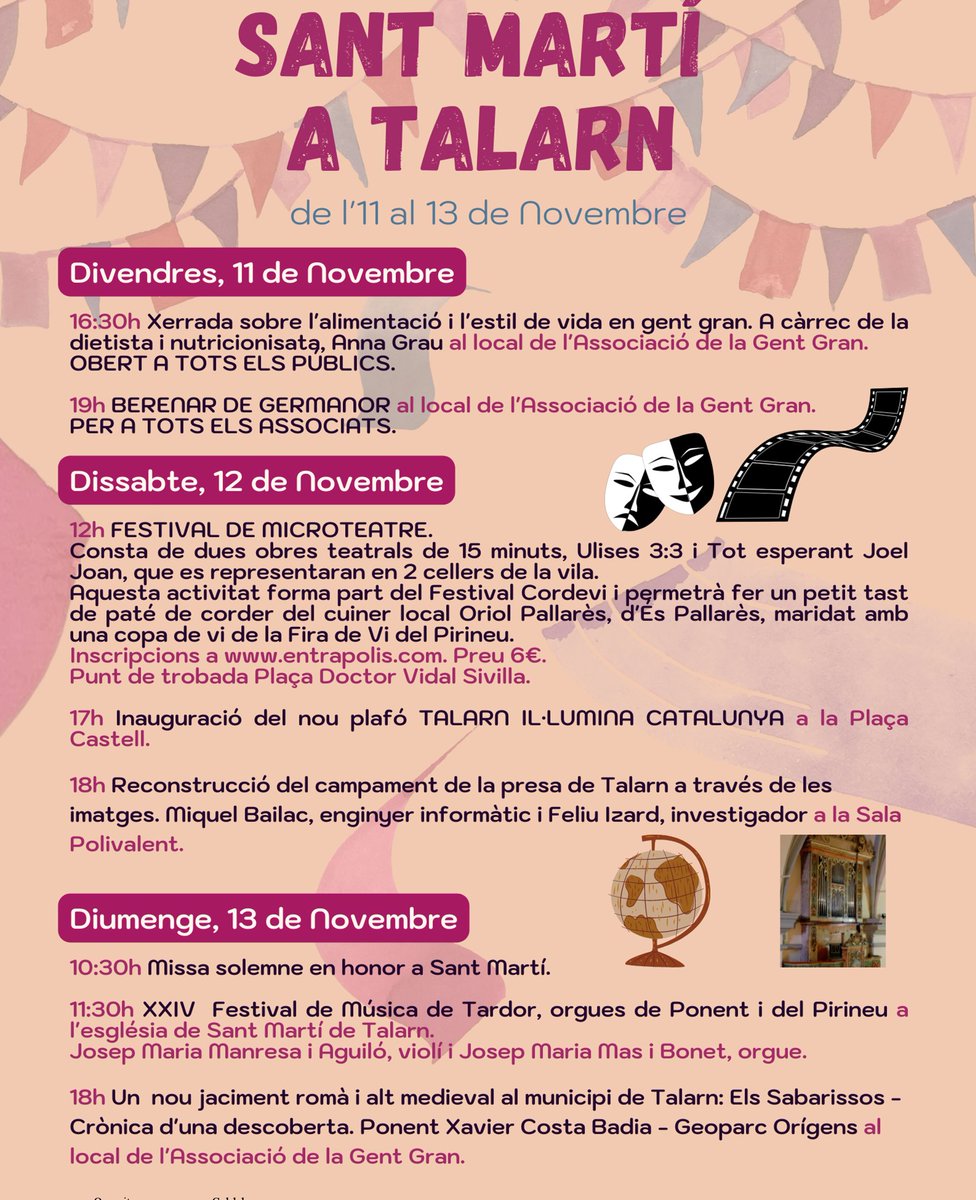 AjTalarn's tweet photo. 11, 12 i 13 Sant Martí a Talarn.
Xerrades,festival de Microteatre, vi, corder, cellers, concert d'orgue.... https://t.co/AE1tv79W6T