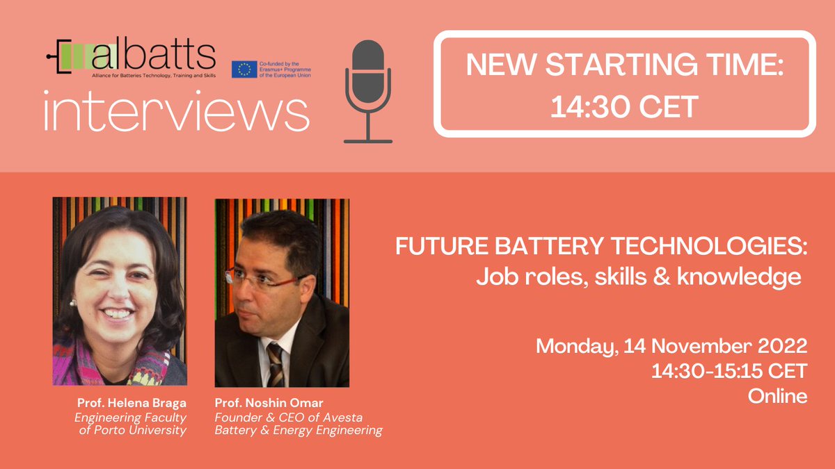 ‼️ NEW TIME for this interview of Prof. Noshin Omar that will be conducted by Prof. Helena Braga.

Haven't yet registered? Do it now👇forms.gle/CVRVjgZm2Mjyku… to learn about the current &amp; the new trends in #battery technology, and about the #production and #recycling of batteries.