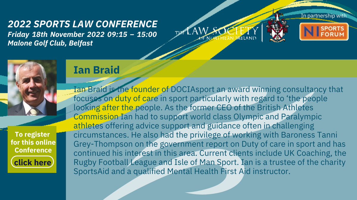 SportsLawCon's tweet photo. Founder of DOCIAsport, an award winning consultancy that focuses on the duty of care in sport, Ian Braid will be speaking at the Conference on the 18th.

We're delighted to welcome Ian back to the conference.

🎟️https://t.co/7jBTNupRl5 https://t.co/iLBIdl5AxS