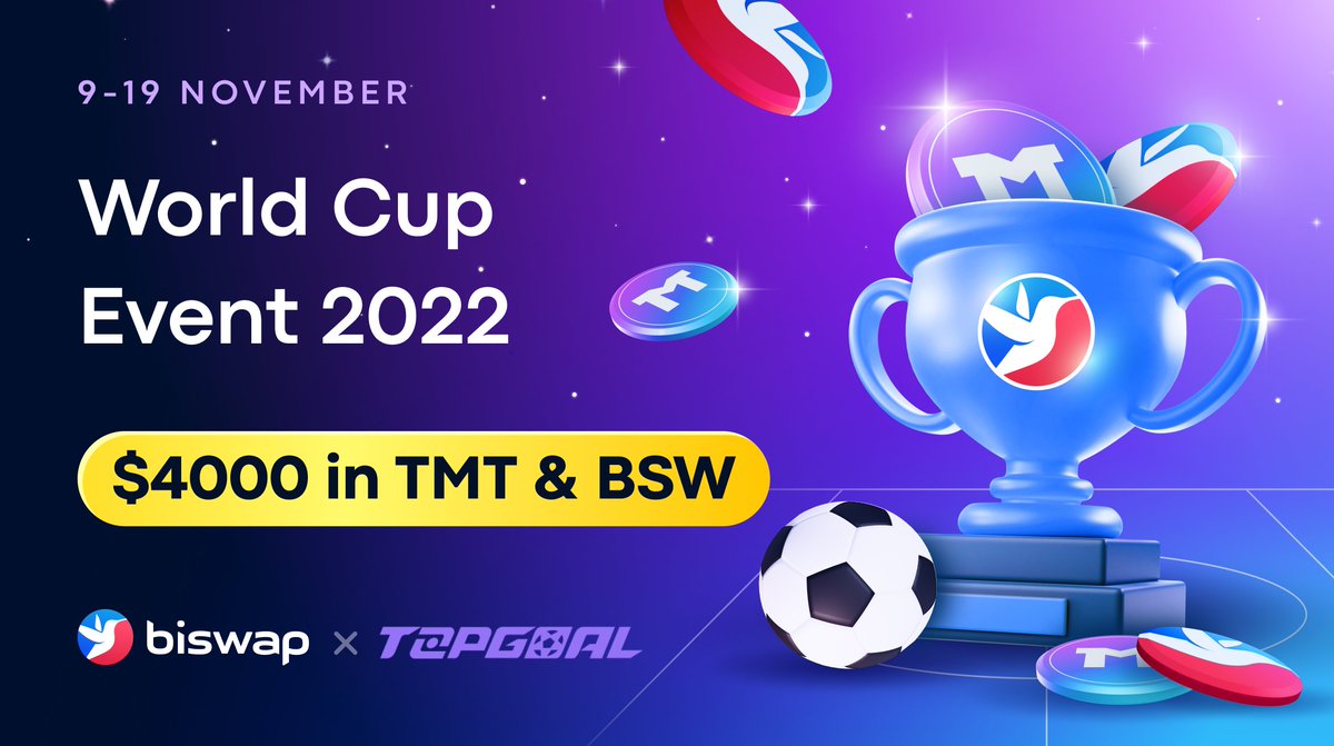 ⚽️$4K for TopGoal x Biswap World Cup Event!
 
👬🏻Join the Social Media campaign: bit.ly/3UnUEOZ

🏆20 random users who guessed the World Cup winner
1️⃣Follow <a href="/TopGoal_NFT/">TOPGOAL ($GOAL)</a> &amp; <a href="/Biswap_Dex/">Biswap</a>
2️⃣QT RT the post, input the country, BEP-20 &amp; #TMTxBSW_WorldCup22 
3️⃣Fill out the Form