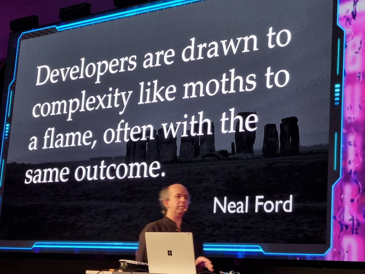 NSilnitsky's tweet image. &quot;Developers are drawn to complexity like moths to a flame, often with the same outcome&quot; - Neal Ford quote
@KevlinHenney talk on #refactoring @BuildStuffConf #BuildStuffConf