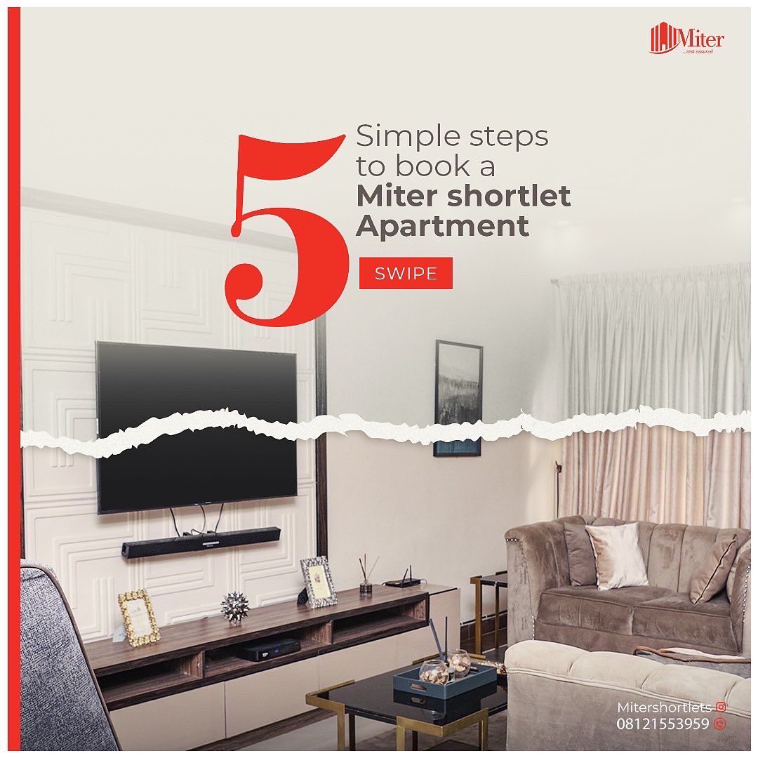 MShortlets's tweet photo. At Miter, everything speaks ease and comfort. That is why we simplify our booking process into few steps for your convenience. 

Send a Dm or click on the link in the bio to book a stay. https://t.co/CrAmCUedj0