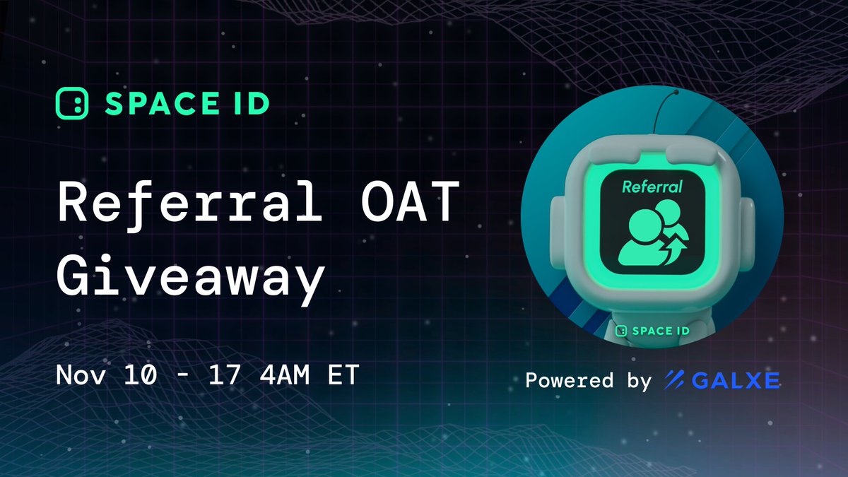 SPACE ID (@spaceidprotocol) on Twitter photo To celebrate it, we’re launching an #OAT giveaway!
Simply finish the tasks in the campaign page & receive an #NFT Badge powered by <a href="/Galxe/">Galxe</a>!
Join now: galxe.com/spaceid/campai…
On 11/17 4AM ET, we will randomly pick:
- 2 users to get $160 Gift Card
- 30 users to get $5 Gift Card To celebrate it, we’re launching an #OAT giveaway!
Simply finish the tasks in the campaign page & receive an #NFT Badge powered by <a href="/Galxe/">Galxe</a>!
Join now: galxe.com/spaceid/campai…
On 11/17 4AM ET, we will randomly pick:
- 2 users to get $160 Gift Card
- 30 users to get $5 Gift Card