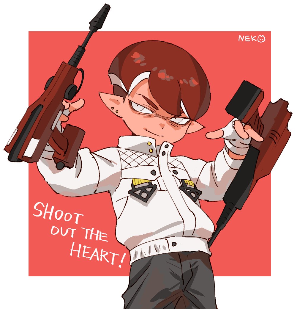 1boy male focus weapon solo pointy ears gun gloves  illustration images