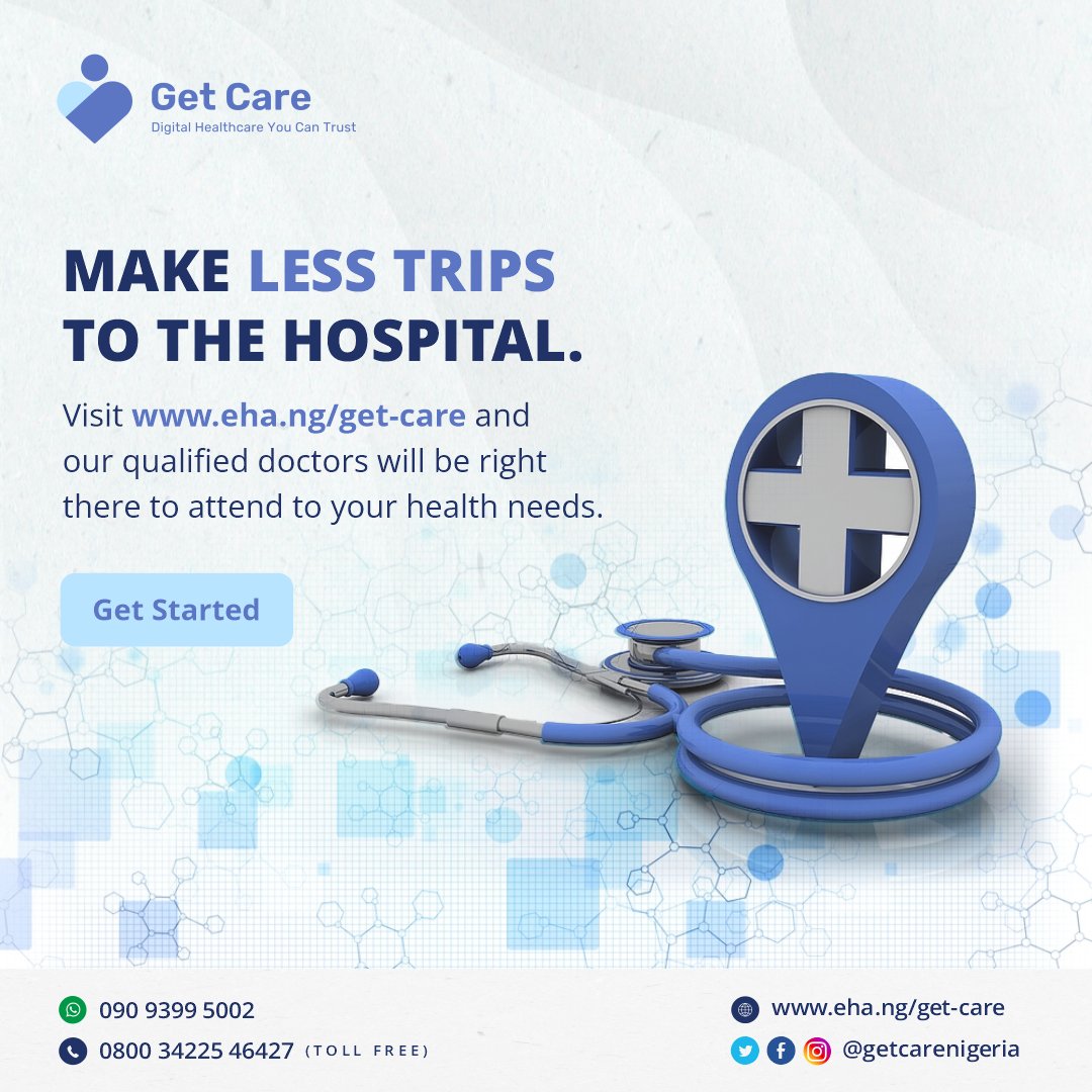 GetCareNigeria's tweet photo. Chat us up on Whatsapp via 09093995002 or call our toll free number 0800 34225 46427 .

We are the digital healthcare you can trust.

#telemedicine #digitalhealthcare #onlinehealthcare #getcarenigeria https://t.co/ziY843UgQS