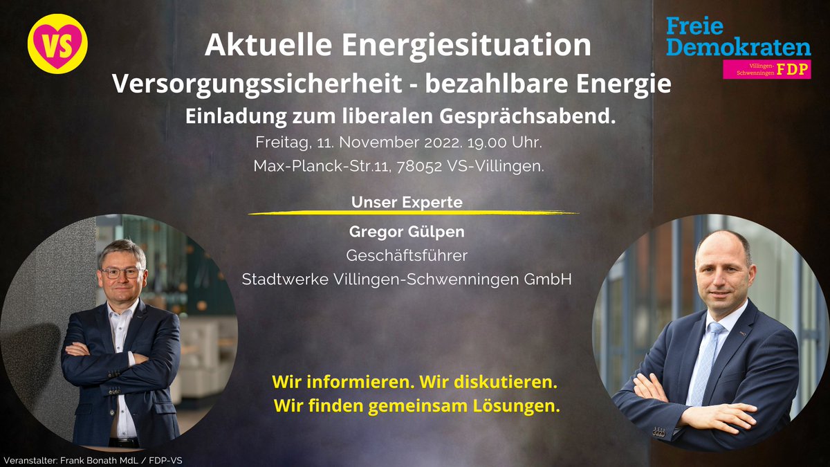 Morgen um 19 Uhr in der Max-Planck-Str.11 in Villingen.
Für eine bestmögliche Vorbereitung bitte ich Sie um An- oder Abmeldung unter dem folgenden Link:
fdp-vs.de/event