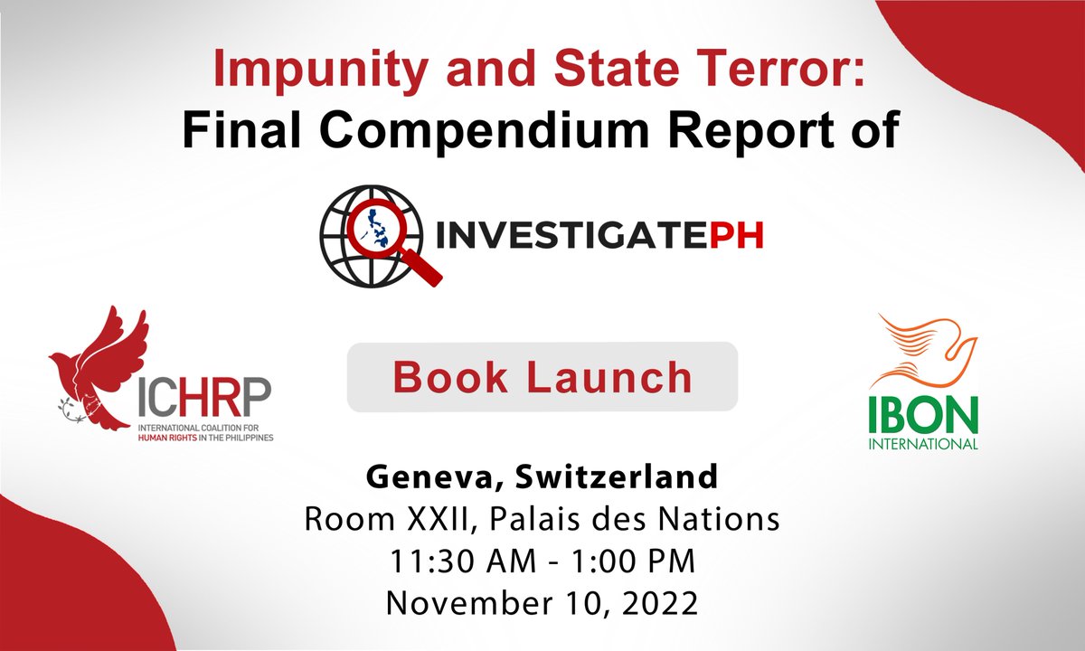 We are here now at the @UN Palais des Nations building to present the official book launch of the Final Compendium Report of @Investigate_PH. The event will be livestreamed on our Facebook page at 11:30am Geneva time.