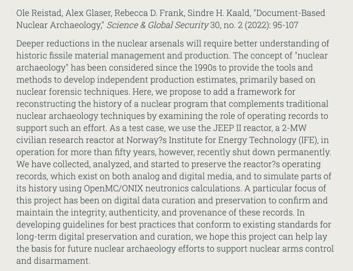 SGSJournal's tweet photo. Ole Reistad, Alex Glaser, Rebecca D. Frank, Sindre H. Kaald, "Document-Based Nuclear Archaeology," Science &amp; Global Security 30, no. 2 (2022): 95-107 https://t.co/eFX2lnflna https://t.co/MM0ZYc6O7X