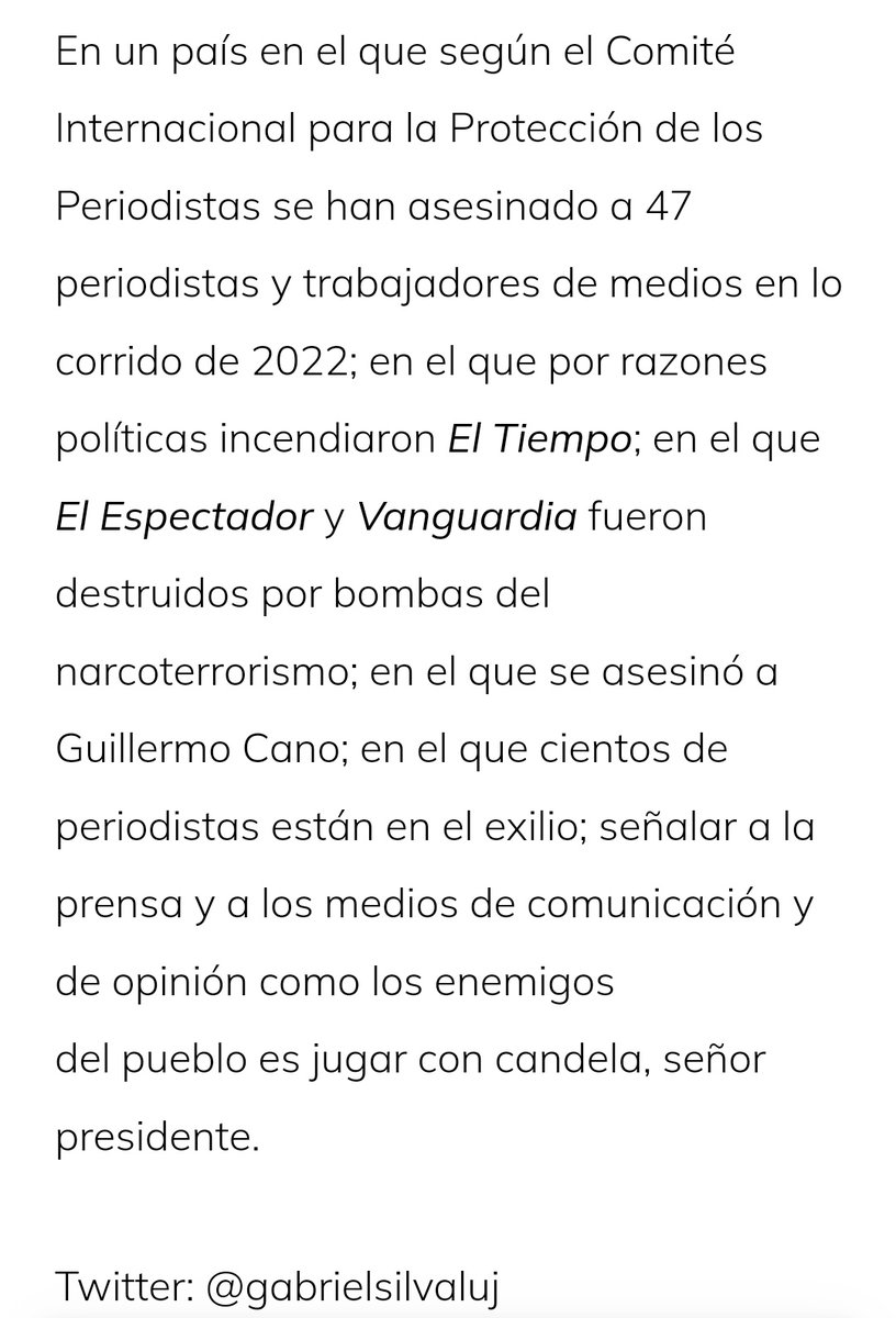 CLARARIVEROS's tweet photo. #Colombia El gobierno de Gustavo #Petro «quiere diseminar la falacia de que la #LibertadDePrensa y el derecho a #disentir es un instrumento de los ricos para ensamblar una conspiración para impedir el cambio. Peligroso.» https://t.co/JIoxbytOJi