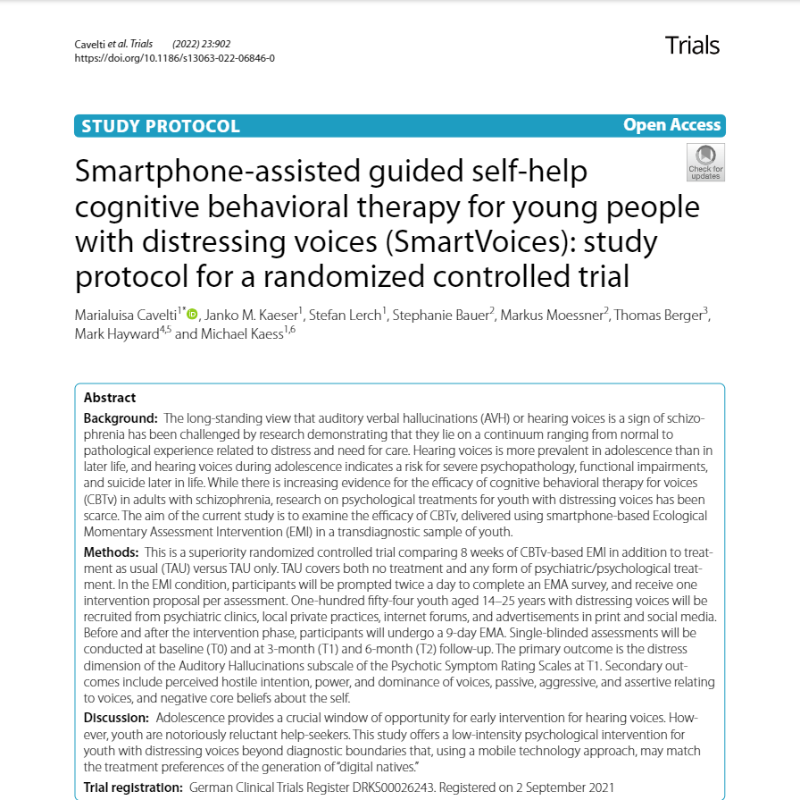 BernCapp's tweet photo. Excited to realize this innovative clinical trial for smartphone based intervention for young people with distressing voices lead by @MarialuisaCave1 with our great collegues @sussexvoices and @UniHeidelberg – read protocol @BioMedCentral: https://t.co/PF0gLzifqZ #hearingvoices