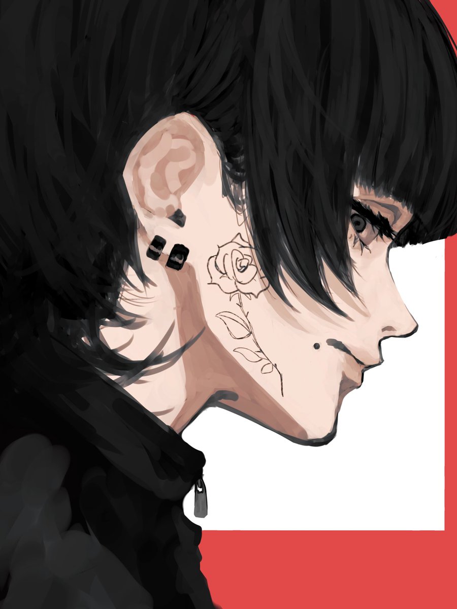 solo black hair tattoo earrings black eyes jewelry profile  illustration images