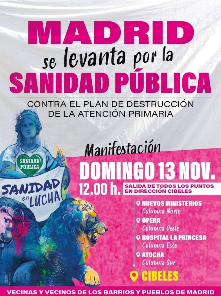 🆘Este domingo 13 de noviembre a las 12h:
👉¡Sal a la calle en defensa de la Sanidad Pública madrileña!👈
Seguridad del paciente, protección de la salud,condiciones laborales, calidad asistencial y un largo etc: ¡¡VULNERADO!! 
La salud de la población está en juego ¡NO FALTES!