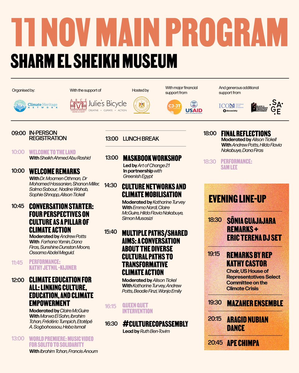 Join us on the 11th Nov at the Sharm-El Sheik Museum for <a href="/culture_cop/">CultureCOP</a>’s main event, including extraordinary musical performances from artists globally.

🔗 REGISTER via: bit.ly/3t9pKOy

In partnership with <a href="/ClimateHeritage/">ClimateHeritage</a> and <a href="/JuliesBicycle/">Julie's Bicycle</a>