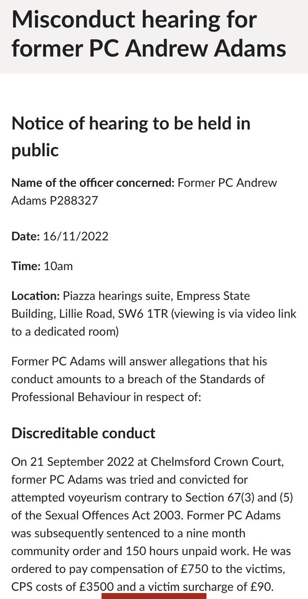AVintenAuthor's tweet photo. PC Adams to face misconduct hearing after being found guilty of attempted VOYEURISM. How many sex pests are there in the Met Police? #MetMisconduct https://t.co/OwKDQ6vjXr