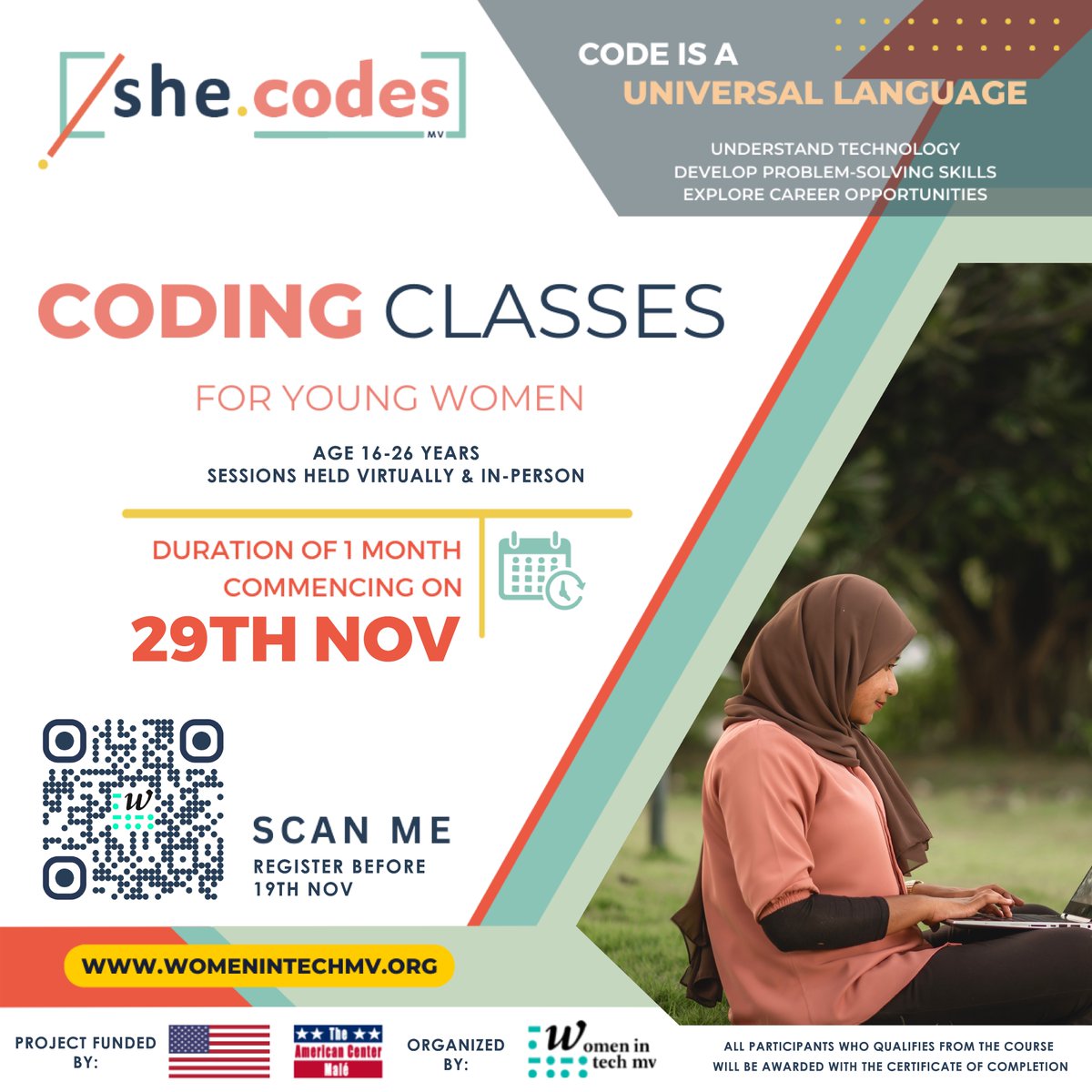 ACMaldives's tweet image. Intrigued about Python and coding? @ACMaldives and @womenintechmv introduces SheCodesMV Coding Classes targeted for young women 16 - 26 years of age! 
Come learn Python programming over a course of 1 month!

Register before 19th Nov: tinyurl.com/yeyrrfzn