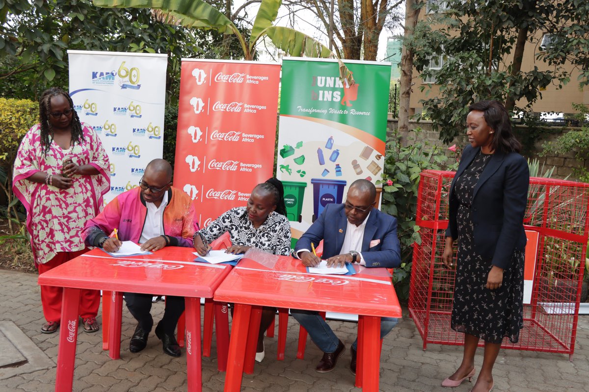 KAM_Kenya's tweet photo. KAM, @CCBAinKenya and @BinsJunky have today signed an MoU that seeks to provide a framework for collaboration & cooperation in bins placement and the creation of an integrated plastics collection-recycling model.
#Strides2Sustainability
#TrashRightRecycleRight https://t.co/gX1pUQsE3H