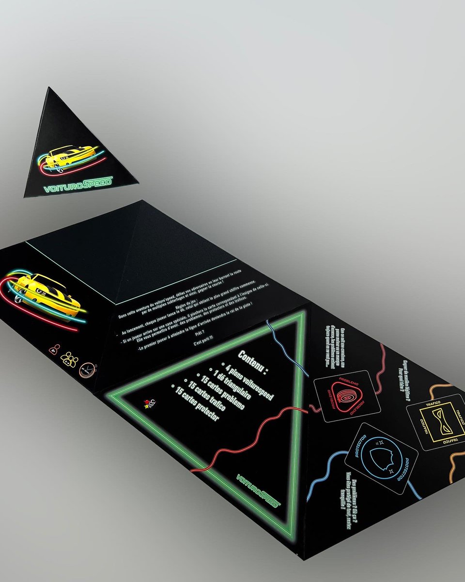 Millwai_'s tweet photo. Projet « jeu de société » avec le souhait de faire une boîte-plateau 
Fermeture consolidée grâce à des aimants ! 
#prototype #jeu #jeudesociété #art #illustration #neon #boite #plateau #game #car #packaging https://t.co/qEpFDtj7sL