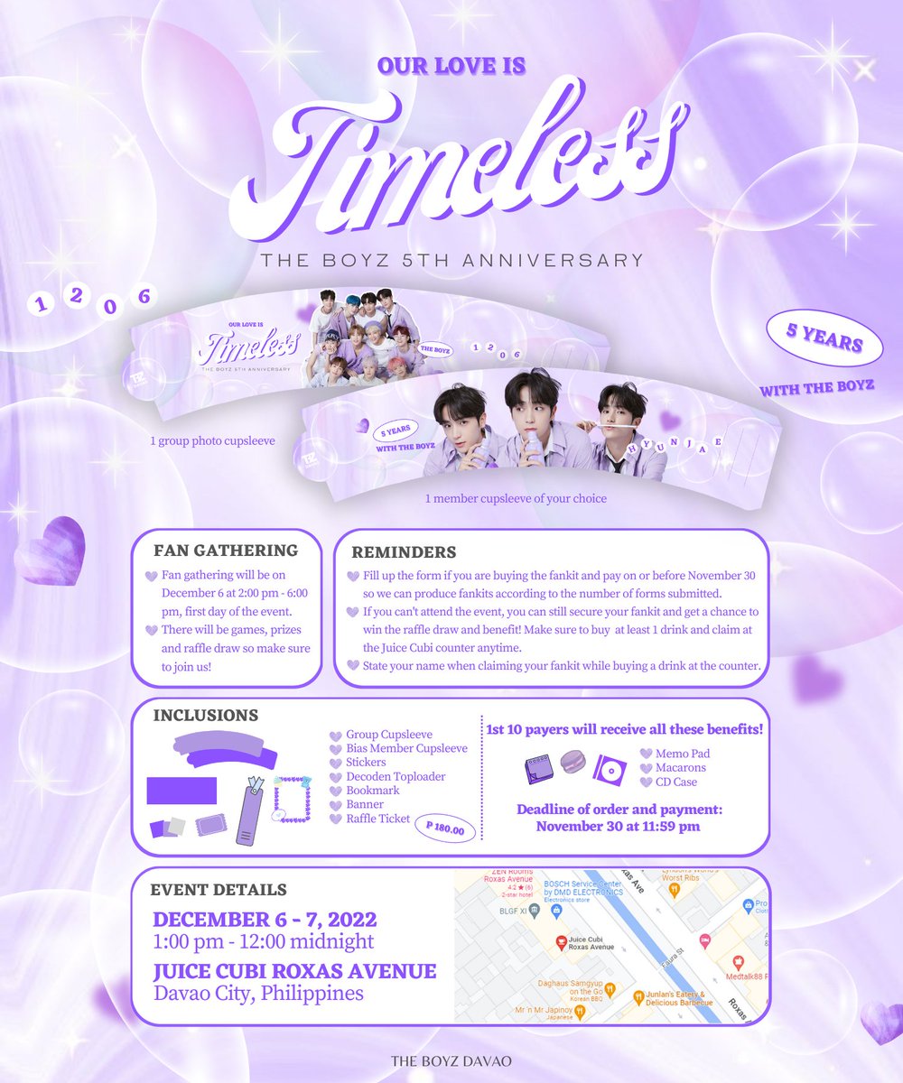 theboyzdavao's tweet photo. 𝐎𝐔𝐑 𝐋𝐎𝐕𝐄 𝐈𝐒 𝓣𝓲𝓶𝓮𝓵𝓮𝓼𝓼 ✨

THE BOYZ 5th Anniversary Cupsleeve Event 💜
🗓 Dec. 6-7, 2022
🕑 1pm - 12mn 
📍 Juice Cubi, Davao City

form 11.10 - 11.30 https://t.co/pP4npZ55fM

#TBZTimeless5thYear #THEBOYZ5thAnniversary #HappyTHEBOYZDay #THEBOYZ @WE_THE_BOYZ https://t.co/GjPxaIKwon