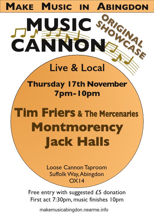 greenius's tweet photo. Live original music at @LooseCannonBeer Taproom Thursday 17th November with Tim Friers &amp; The Mercenaries, Montmorency,  and Jack Halls. Free entry #abingdon #livemusic #loosecannon https://t.co/UVjcUZCvD7