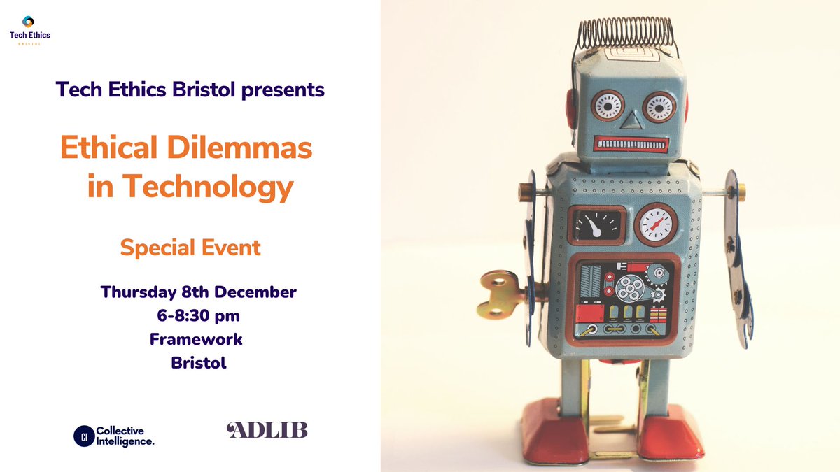 Come and join #Ethical dilemmas in #Tech' where we will be exploring some of the ethical issues in today's technology. In this interactive event, the audience will be invited to choose an ethical dilemma and come up with the best possible outcome. bit.ly/3UIIboR