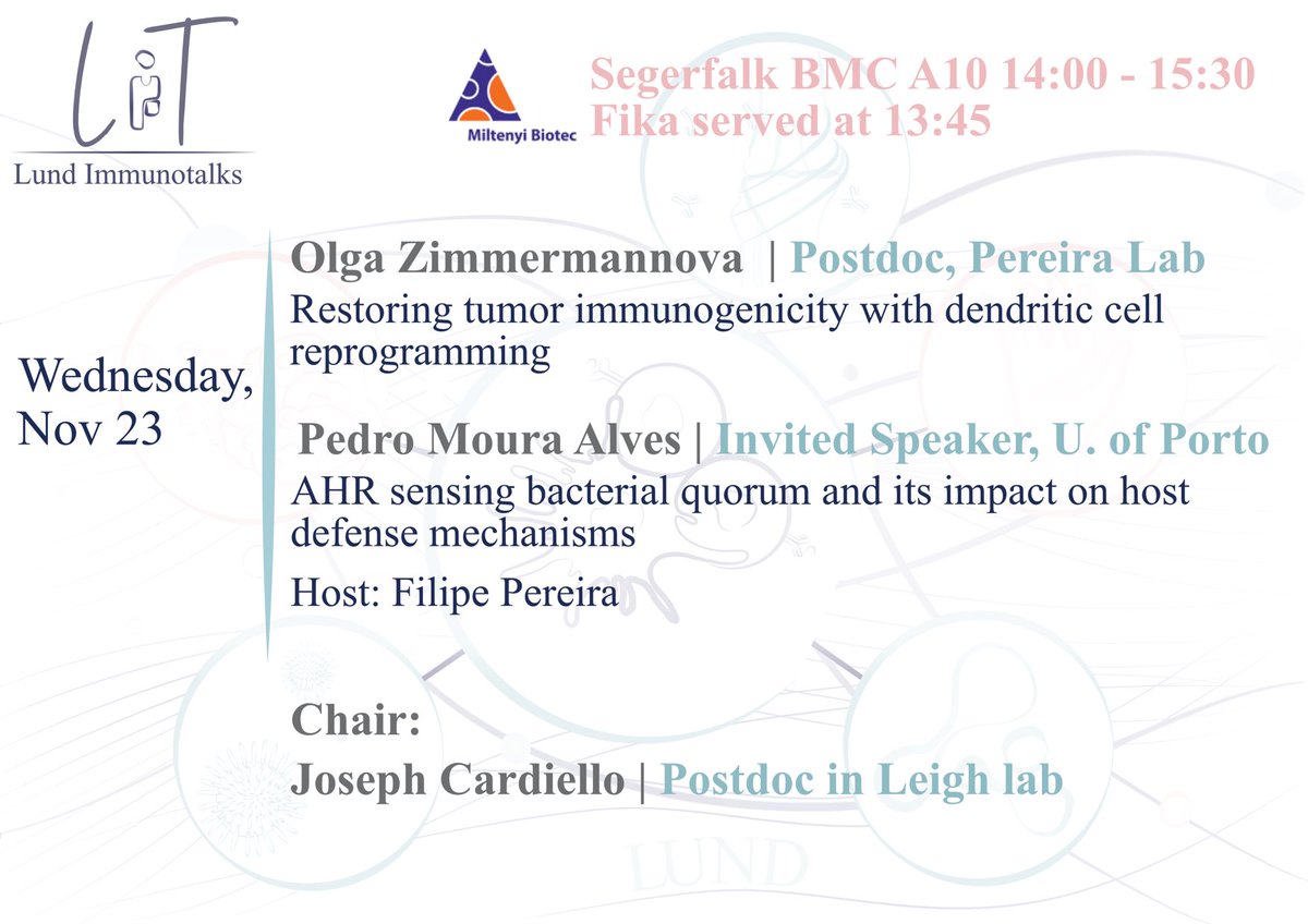 TheYuanLab's tweet photo. Don’t miss the second #LUImmunoTalks presented by Olga Zimmermannova from ⁦@CellReproLab⁩ and invited speaker @malino81 next Wed! ⁦@Lund_Stem⁩ ⁦@medfak_LU⁩ ⁦@LuWcmm⁩ https://t.co/4A3ZusH9J2