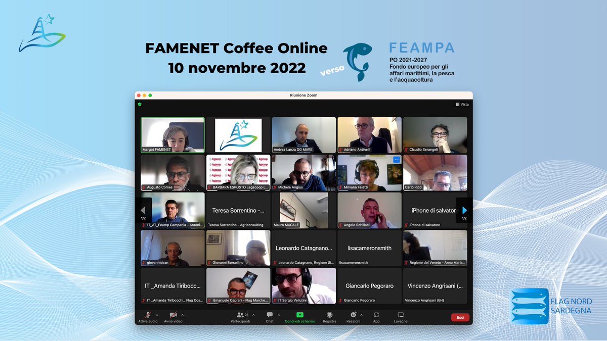 🖥️ Mattinata di confronto con <a href="/EU_FAMENET/">FAMENET 🇪🇺</a> 
Si parla del Programma #FEAMPA appena approvato con <a href="/EU_MARE/">EU Maritime & Fish</a>. 
Presenti i FLAG, la <a href="/ReteFlagItalia/">Rete Nazionale FLAG</a> e vari rappresentanti delle Regioni italiane.