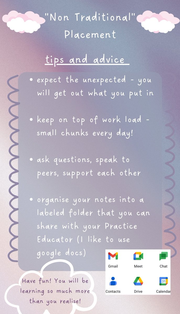 A small visual of tips to help students on a "non-traditional" placement for OT week!😊 As someone on their 2nd non traditional placement + long armed supervision, these really helped support my learning!📚 #OTWeek22 #OTWeek @ClaireAHPed <a href="/NESnmahp/">NESnmahp</a> <a href="/JoannaStewartOT/">Joanna Stewart</a> <a href="/ainepower_ot/">Áine (she/her)</a>