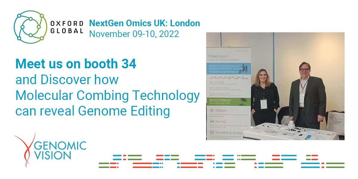 It’s the last day of <a href="/OGConferences/">Oxford Global</a>’ NextGen Omics UK!

To find out more about Genomic Vision and how therapeutic genome editing can be checked at a single DNA molecule level with Molecular Combing, meet our team members Louis and Cyndie at 𝗯𝗼𝗼𝘁𝗵 𝟯𝟰.

#MolecularCombing