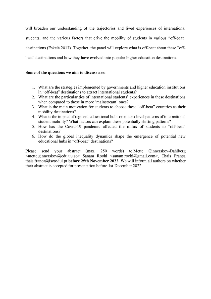Ginnerskov's tweet photo. 🥳Call for papers!🥳 International student mobility to "off-beat" destinations! @IMISCOE @sanamroohi https://t.co/YTIQpcVO99