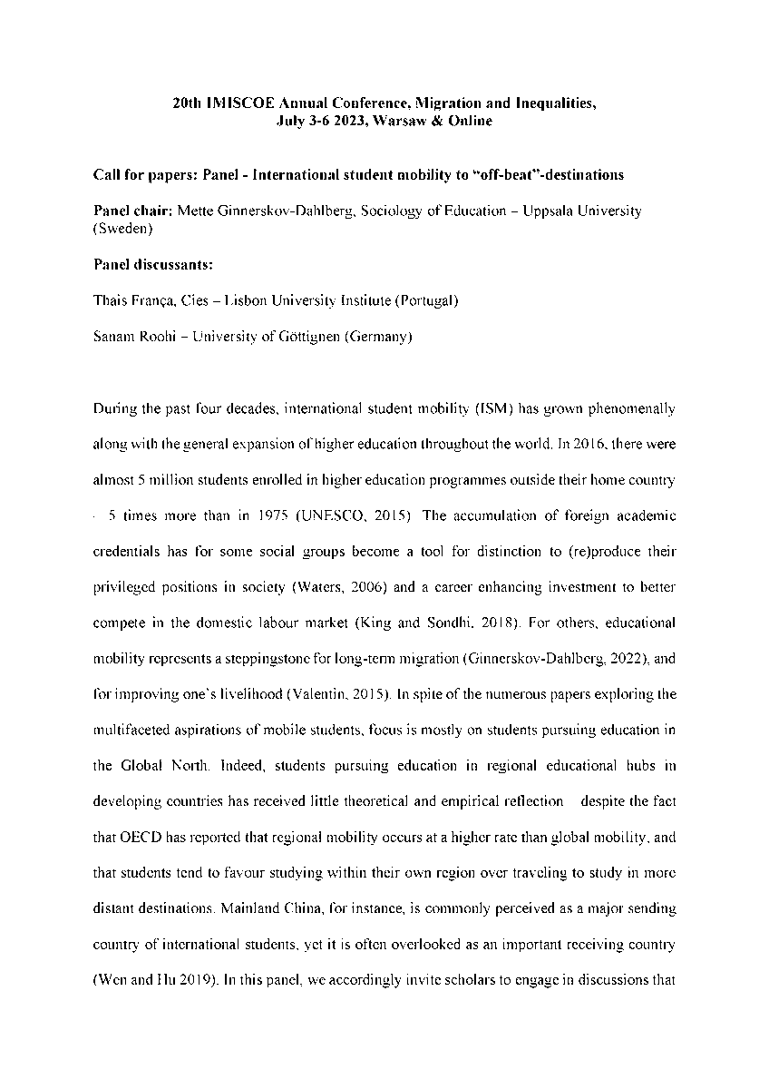 Ginnerskov's tweet photo. 🥳Call for papers!🥳 International student mobility to "off-beat" destinations! @IMISCOE @sanamroohi https://t.co/YTIQpcVO99