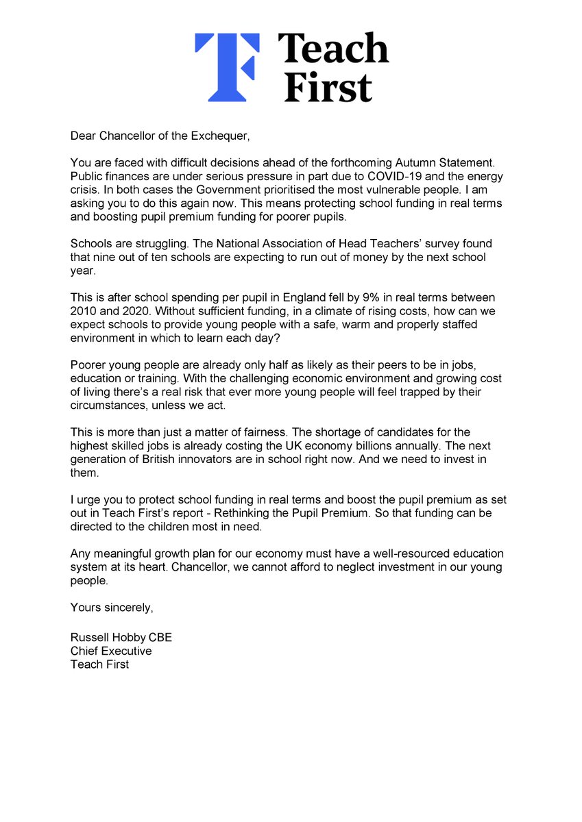 Dear <a href="/Jeremy_Hunt/">Sir Jeremy Hunt MP</a>,

<a href="/NAHTnews/">NAHT</a> found that 90% of schools will run out of money by the next academic year.

We're urging you to protect school funding in real terms and increase the pupil premium in the #AutumnStatement.

We can't afford to neglect investment in our young people.