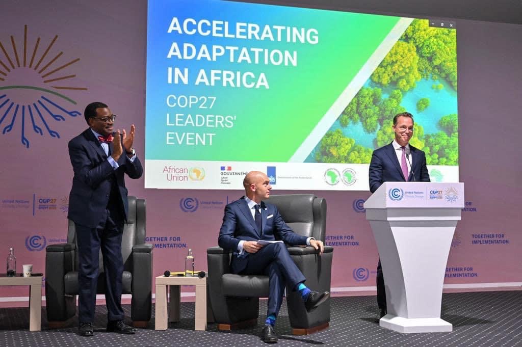 NLinSouthSudan's tweet photo. The Netherlands will provide €100 million in #ClimateAdaptation finance to #Africa through the @AfDB_Group #ClimateActionWindow, announced by Climate Envoy for the #Netherlands HRH @jaimedebourbon at #COP27. 

#TogetherForImplementation
#NLatCOP27 #ActNow  #COP27SharmelSheikh https://t.co/EbEy3yLcqY
