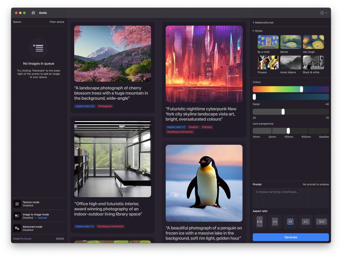 onesamh's tweet photo. Working on the best #stablediffusion client in existence - built for professional creatives on M1/M2 Mac. In-built styles, magical prompt enhancement, upscaling, a queue, and 1-click install. Comment and I'll send you a beta key free. #GenerativeAI https://t.co/nw9U0OqpW3