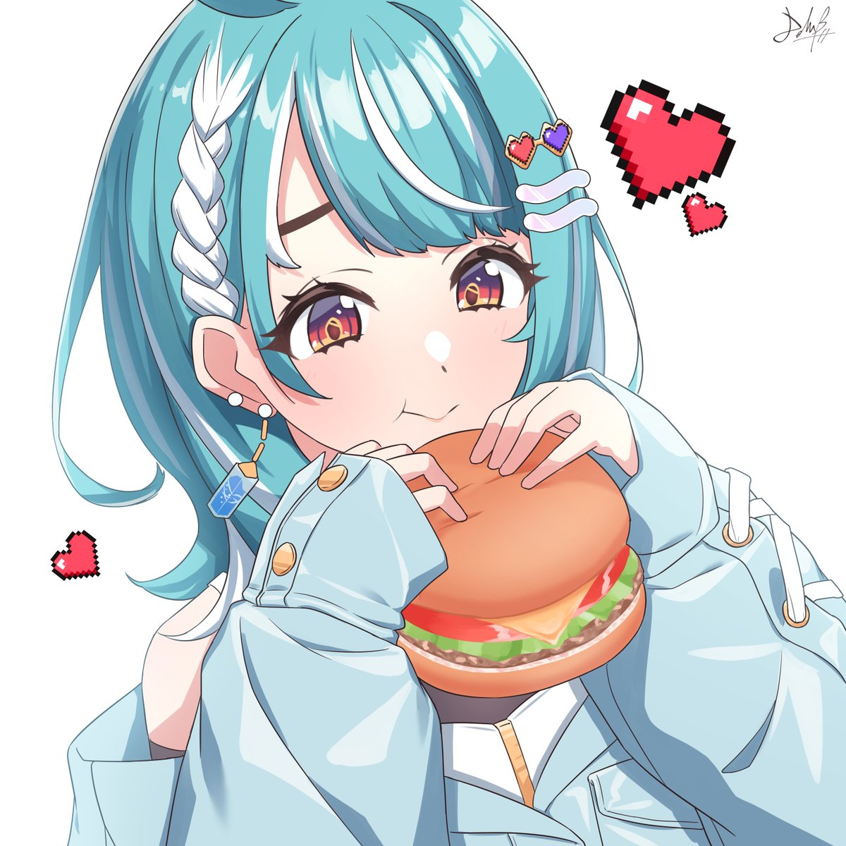 1girl food burger heart solo holding eating  illustration images