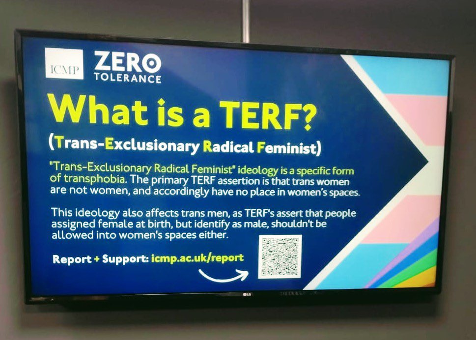 andrewdoyle_com's tweet photo. This sign at @ICMPLondon calls on staff and students to REPORT anyone who believes “trans women are not women, and accordingly have no place in women’s spaces”.

Note how a view held by the majority of the population is here being presented as a form of extremist ideology… https://t.co/XhLQG0Mhzj