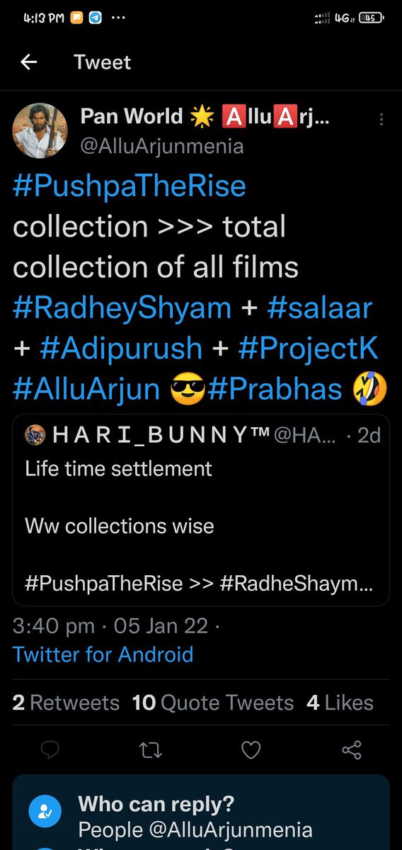 rocksolid565's tweet photo. @AadhfMohan Munda edupulu tappa peekedi emundadu le
As usual Adipurush day 1 > Pushpa 2 Day 1
#Prabhas๐ต #PushpaTheRule
#Insecurefoxalluarjun https://t.co/mPCYu4sNrx