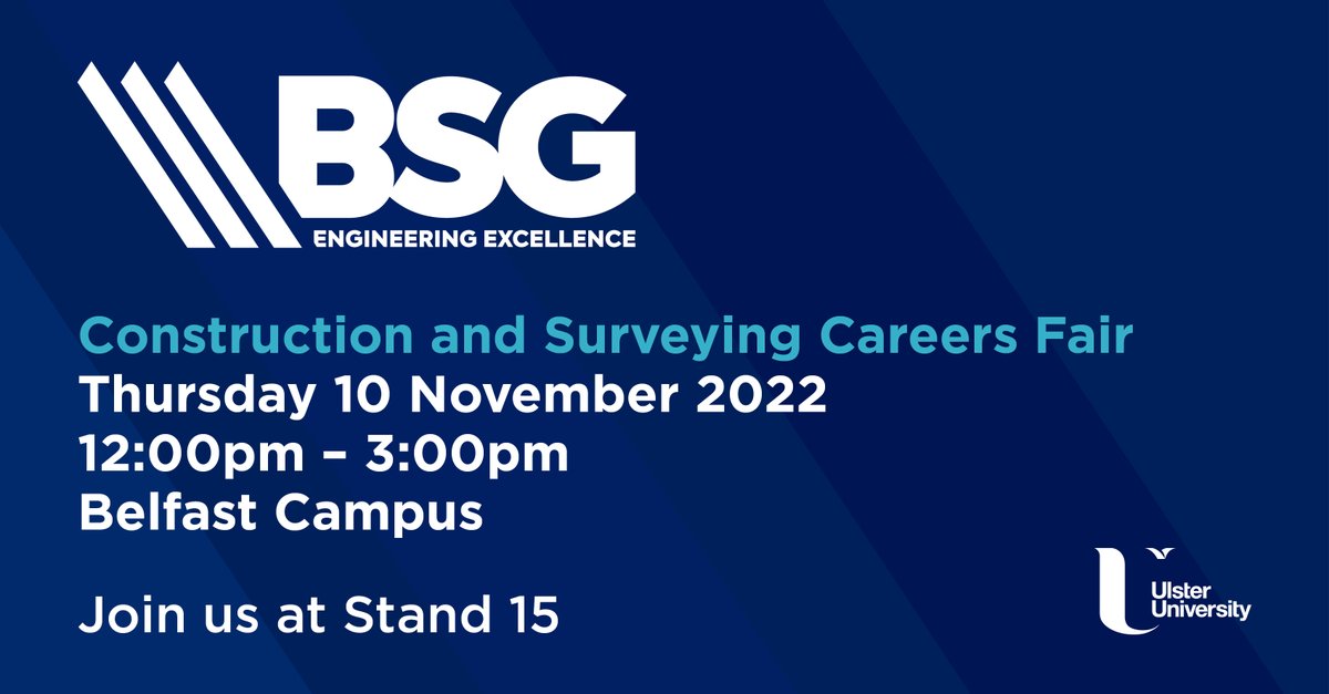 We are pleased to be exhibiting today at the 
<a href="/UlsterUni/">Ulster University</a> Construction and Surveying Careers Fair in the impressive new Belfast campus.
 
Come and join us at Stand 15!
 
For more info on Student Placements at BSG, click here: bsg-ltd.com/site/wp-conten…