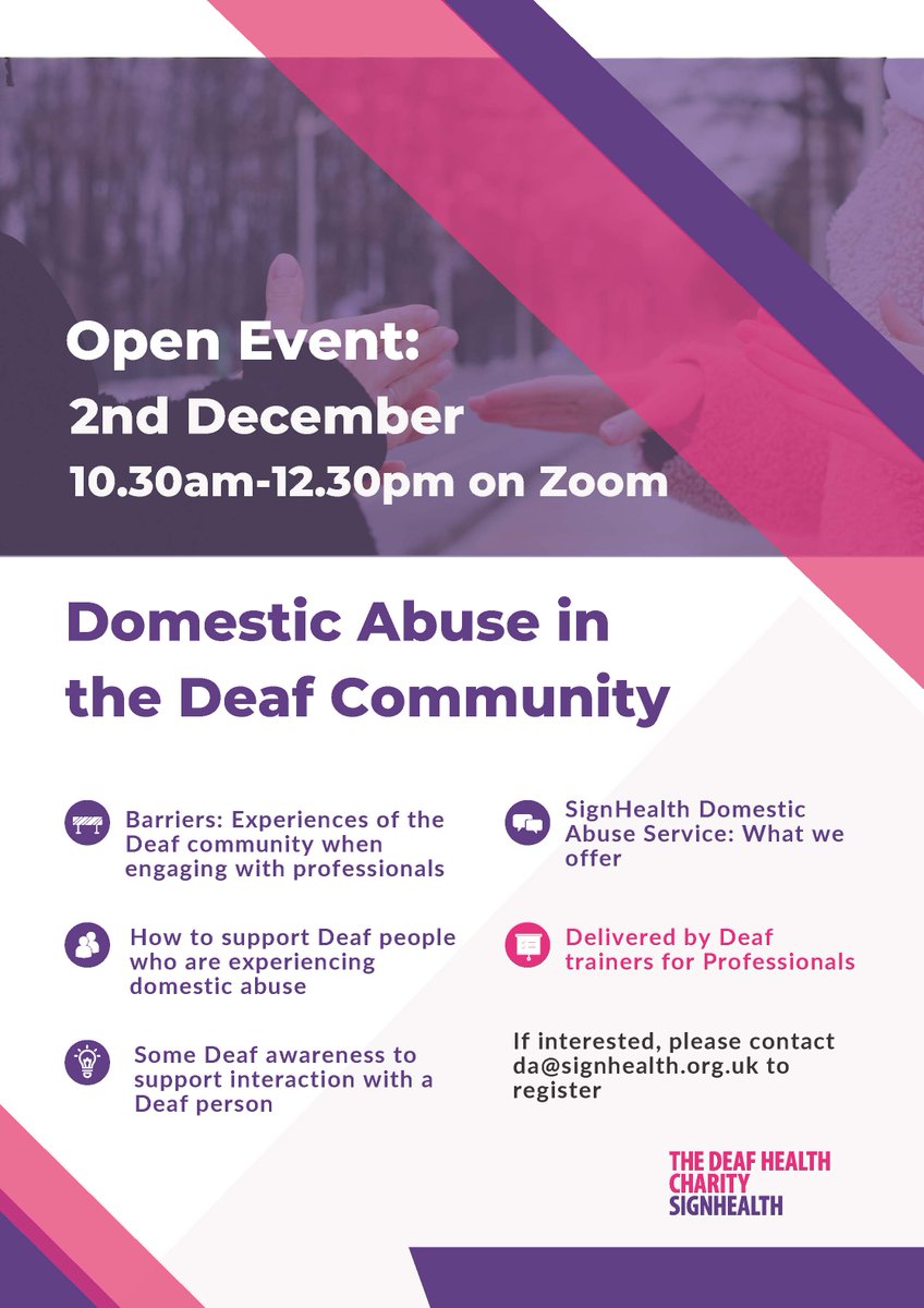 SignHealth's tweet photo. Domestic Abuse in the Deaf Community: event for #DomesticAbuse and #SocialWork professionals. Delivered by Deaf trainers.
Topics:
- barriers to services
- how to support Deaf clients
- Deaf awareness tips and more.
2 Dec 10:30-12:30 on Zoom, email da@signhealth.org.uk to register https://t.co/24taqzQQrE