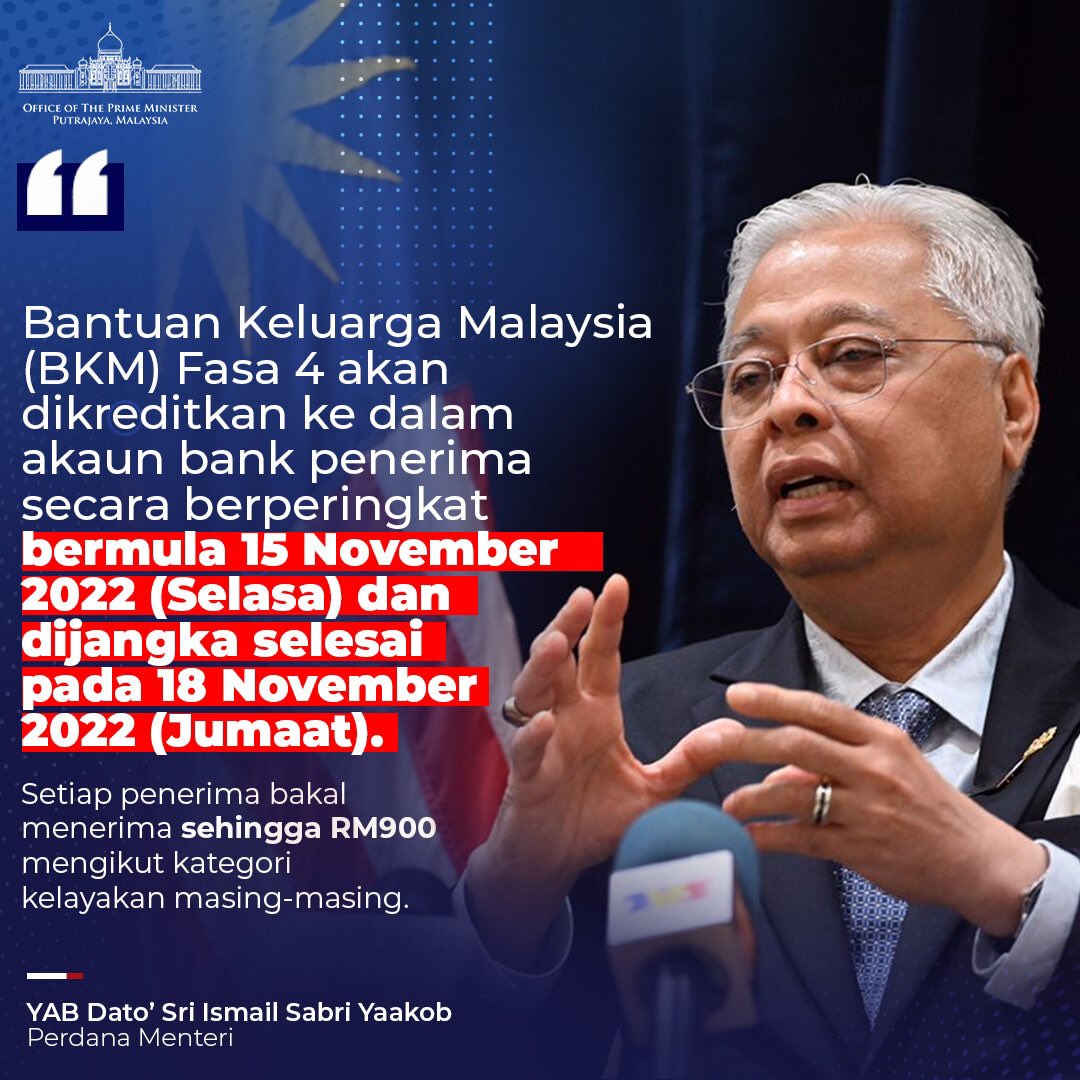 Bantuan Keluarga Malaysia (BKM) Fasa 4 akan dikreditkan ke dalam akaun bank penerima secara berperingkat bermula 15 November 2022 (Selasa) dan dijangka selesai pada 18 November 2022 (Jumaat).