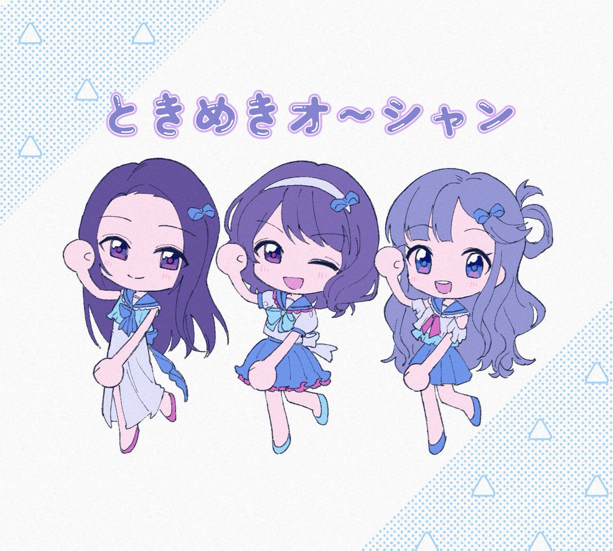 multiple girls 3girls long hair chibi skirt one eye closed sailor collar  illustration images