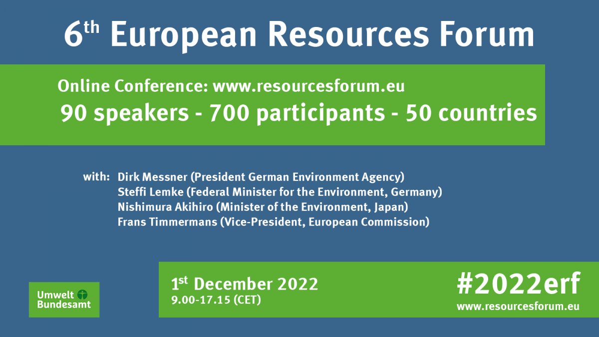 Get informed on #SustainableResources use and #circularEconomy at the 6th European #Resources Forum, hosted by <a href="/GermanEnvAgency/">German Environment Agency</a> (UBA). 
Join the European and international discussion forum with up to 700 participants from over 50 nations. #2022erf 
resourcesforum.eu