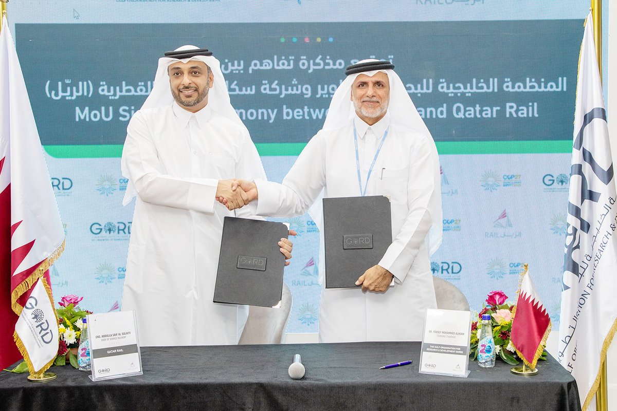 GORDMENA's tweet photo. At #COP27, GORD and Qatar Rail have formalized their partnership to develop sustainable #BuiltEnvironment. Through this MoU, Qatar Rail will implement #GSAS certifications for Qatar Rail’s new stations.
#DestinationGreen https://t.co/AKoKQBOm5M